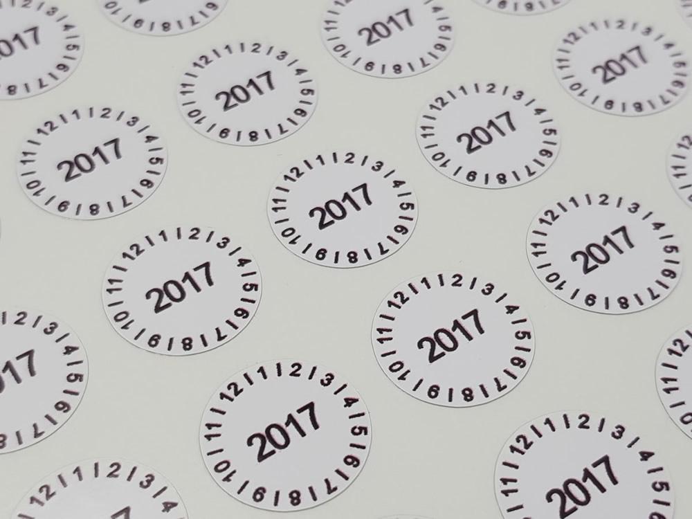 selbstklebend 144 widerstandsfähige Mehrjahresprüfplaketten in der Packung Vinylfolie Prüfetiketten gelb Ø 30 mm Labelident Prüfplaketten Geprüft 2021-2026 
